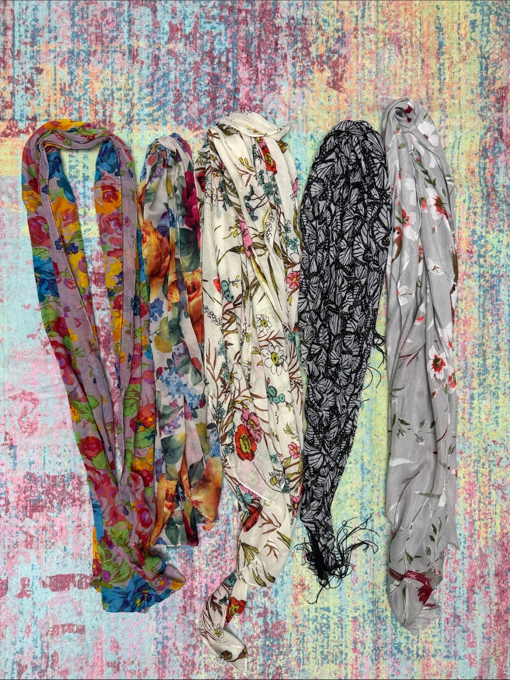 Floral Lightweight Scarves Pack - Multicolor, Cream, Black, Gray